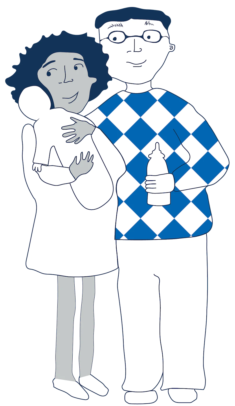 cartoon image of a man and women caring for a young baby in arms