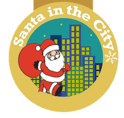 Santa in the city logo - a cartoon Santa is running across a London skyscrapper scene.