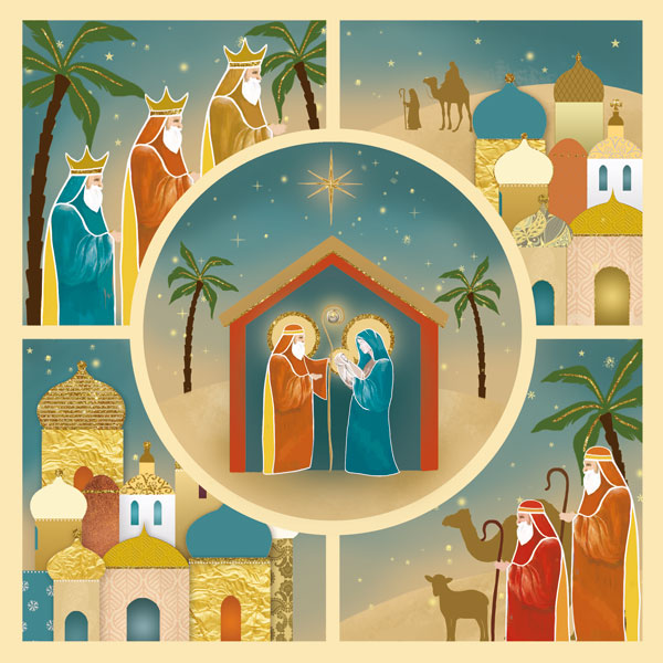 A collage of 5 different Nativity scenes in a simplistic graphic style in different blue and orange shades. Featured is the 3 kings, Bethlehem, Sheppard's and their animals and central to it all is Mary and Joseph with baby Jesus.