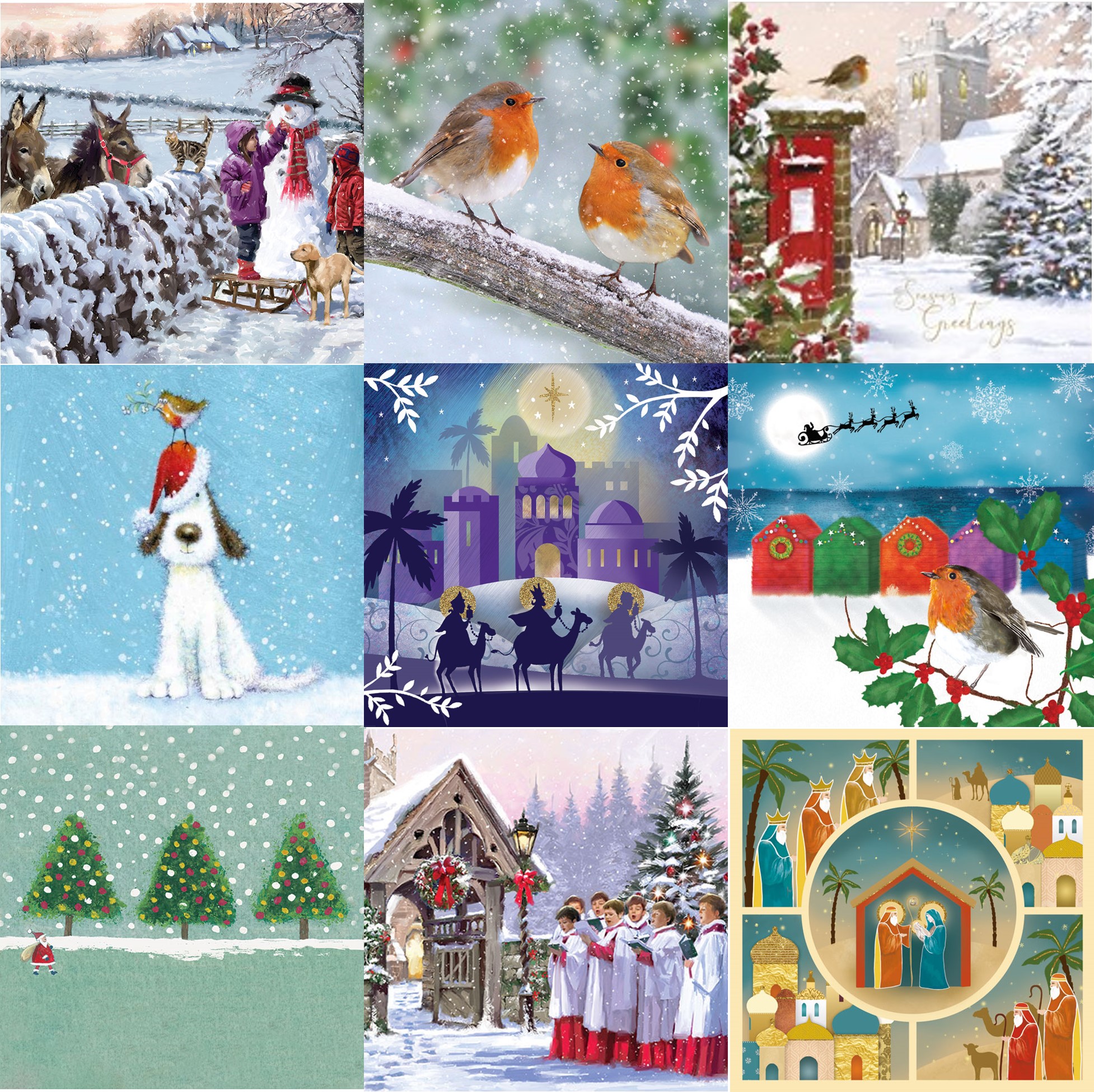 A collage images of different Christmas card designs.