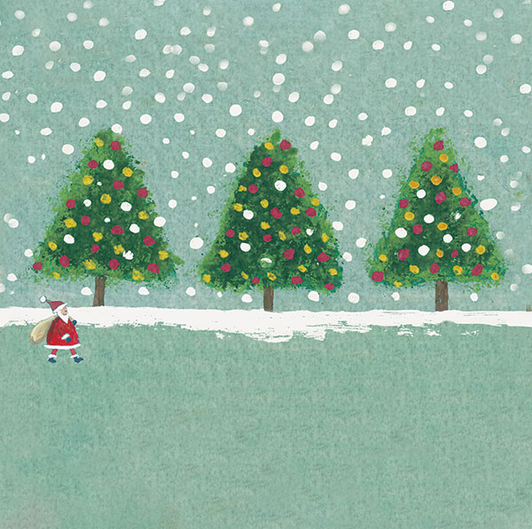 A modern dot painting of three green Christmas trees in a line set on a light green horizon are dotted with yellow and red to look like lights, and white all around to appear as snow. To the left of the cards is a small illustration of Santa in his red coat and hat carrying a brown sack over his shoulder.