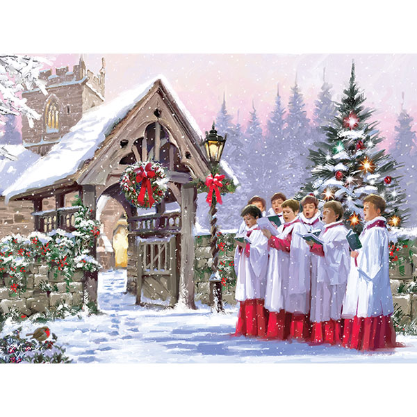 A watercolour painting of a young choir in traditional white and red robes stood outside a wooden entrance to a traditional church building. The scene is complete with snow all around and large Christmas trees in the background.