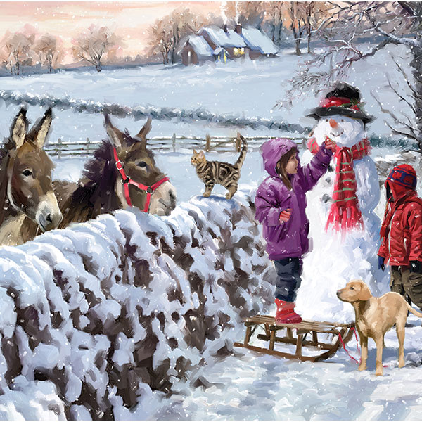 A painted image of a snowy farmland with a house on a hill and rock walls across the land. Pictured in front is a young girl and boy in winter coats wrapping a red scarf around a tall snowman, joined by a cat, dog and 2 donkeys peering over the wall.