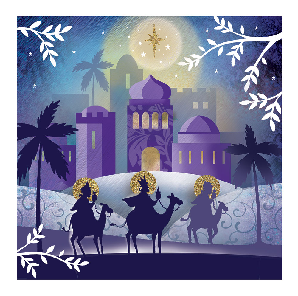A illustrative graphic silhouette of Bethlehem in purple lighting with a large gold star above. Beneath on a dark path is the silhouette of three kings on camels with small gifts in their hands.