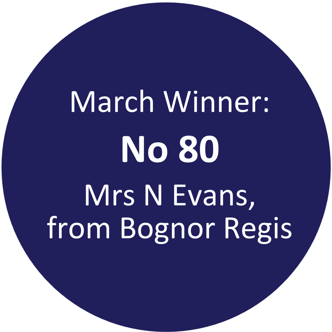 In a blue circle white text reads “October winner: No 166, Mrs Se from Littlehampton."