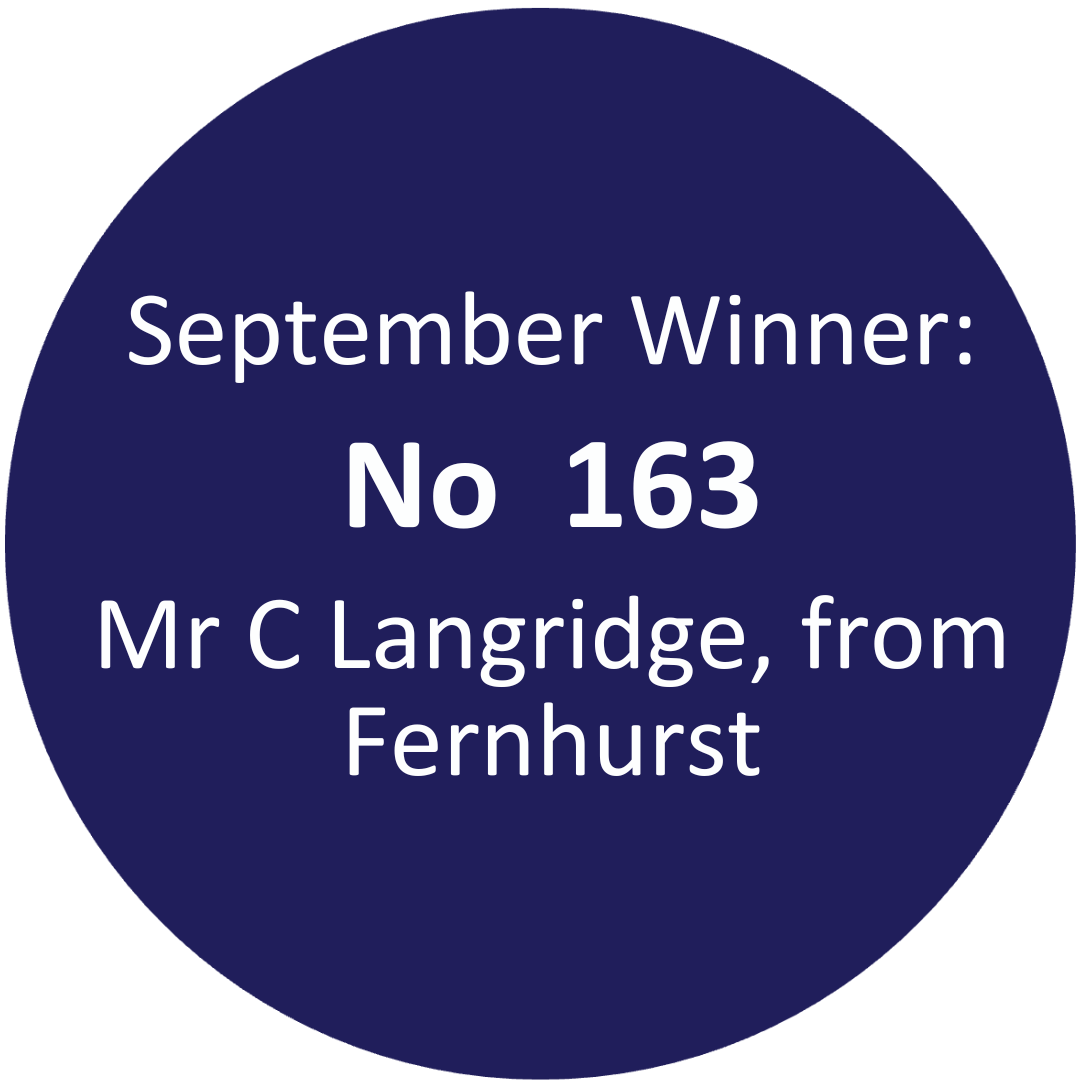 In a blue circle white text reads “October winner: No 166, Mrs Se from Littlehampton."