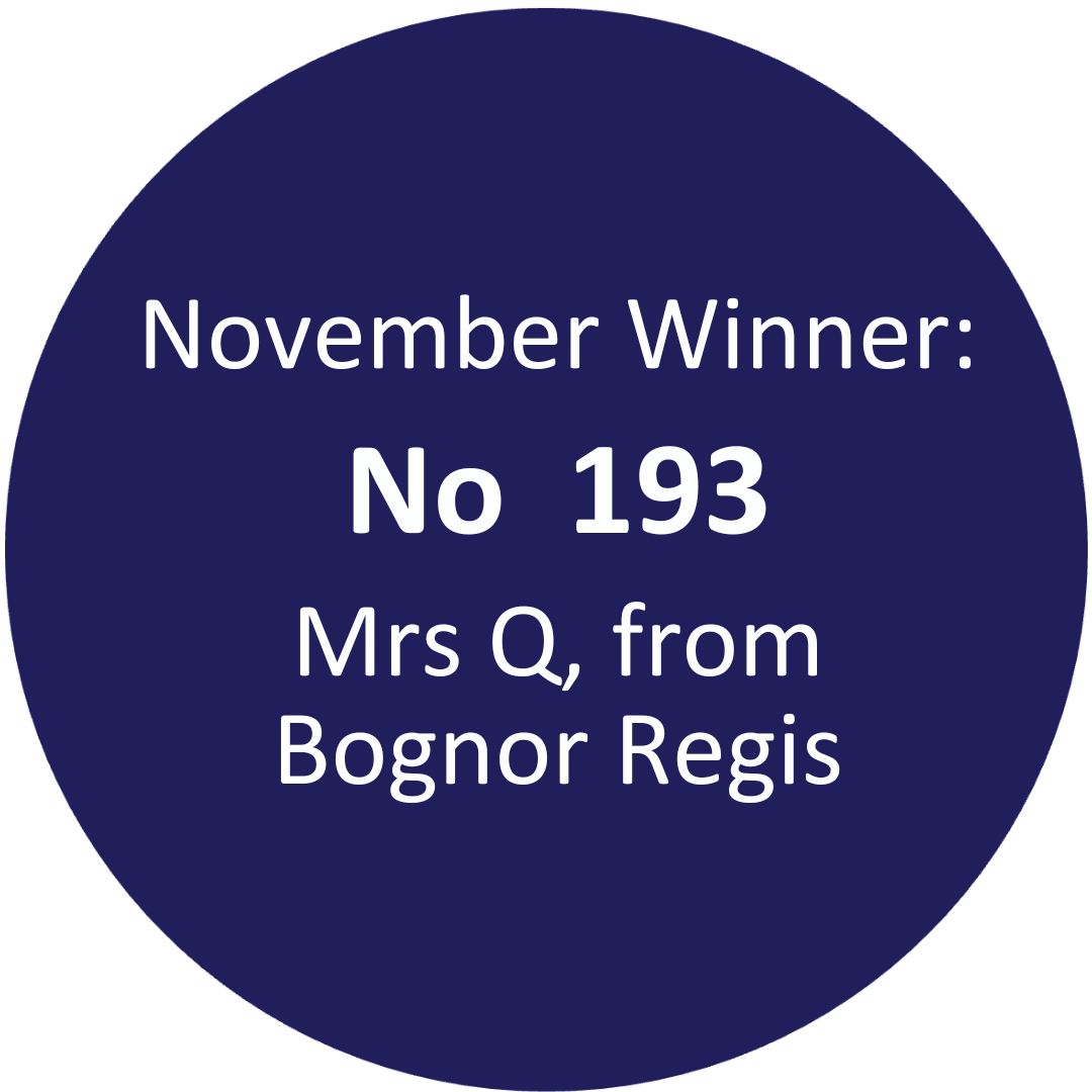 In a blue circle white text reads “October winner: No 166, Mrs Se from Littlehampton."