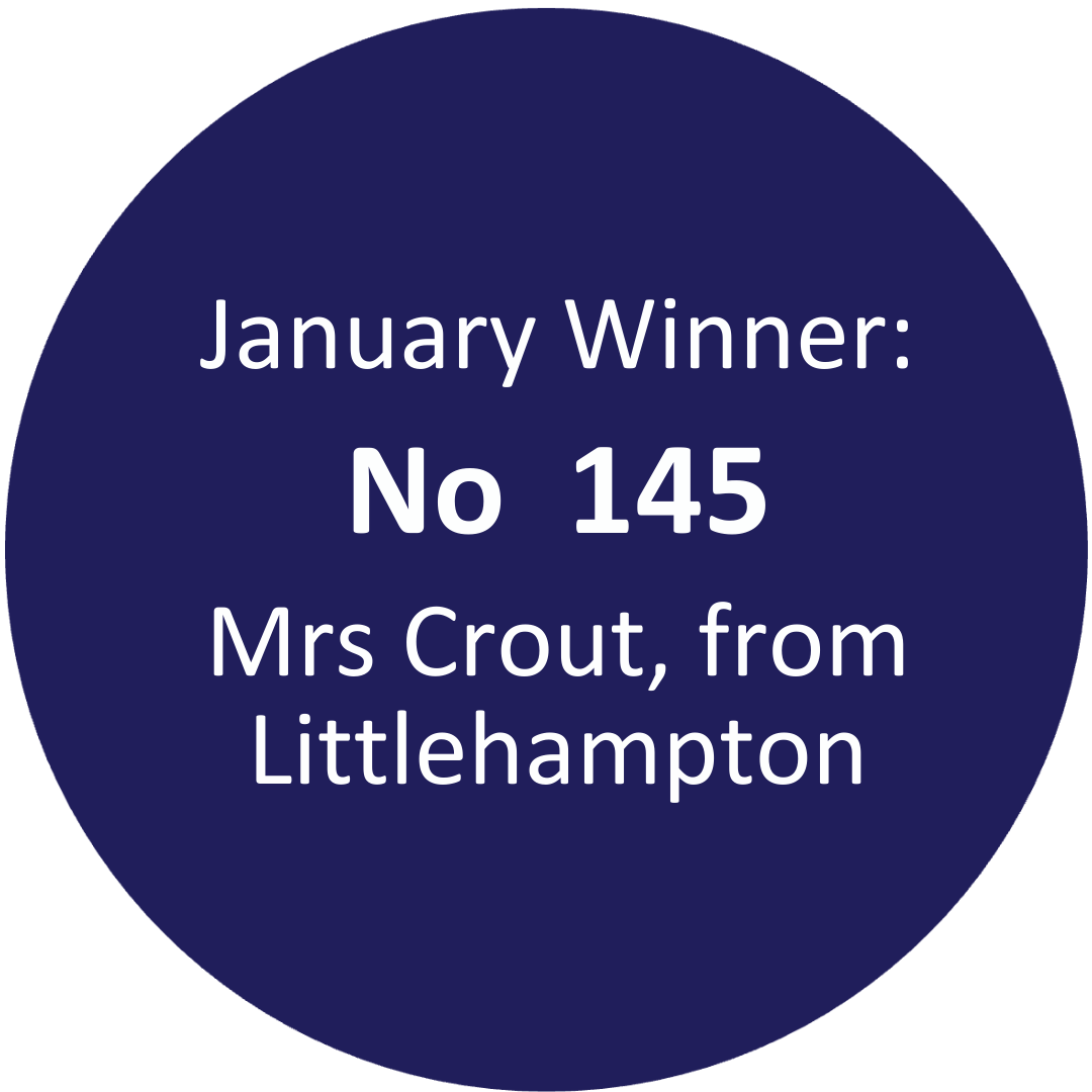 In a blue circle white text reads “October winner: No 166, Mrs Se from Littlehampton."
