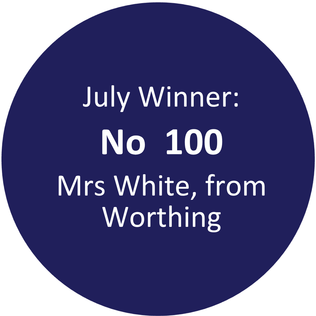 details of the July 200 club winner, number 100 Mrs White from Worthing